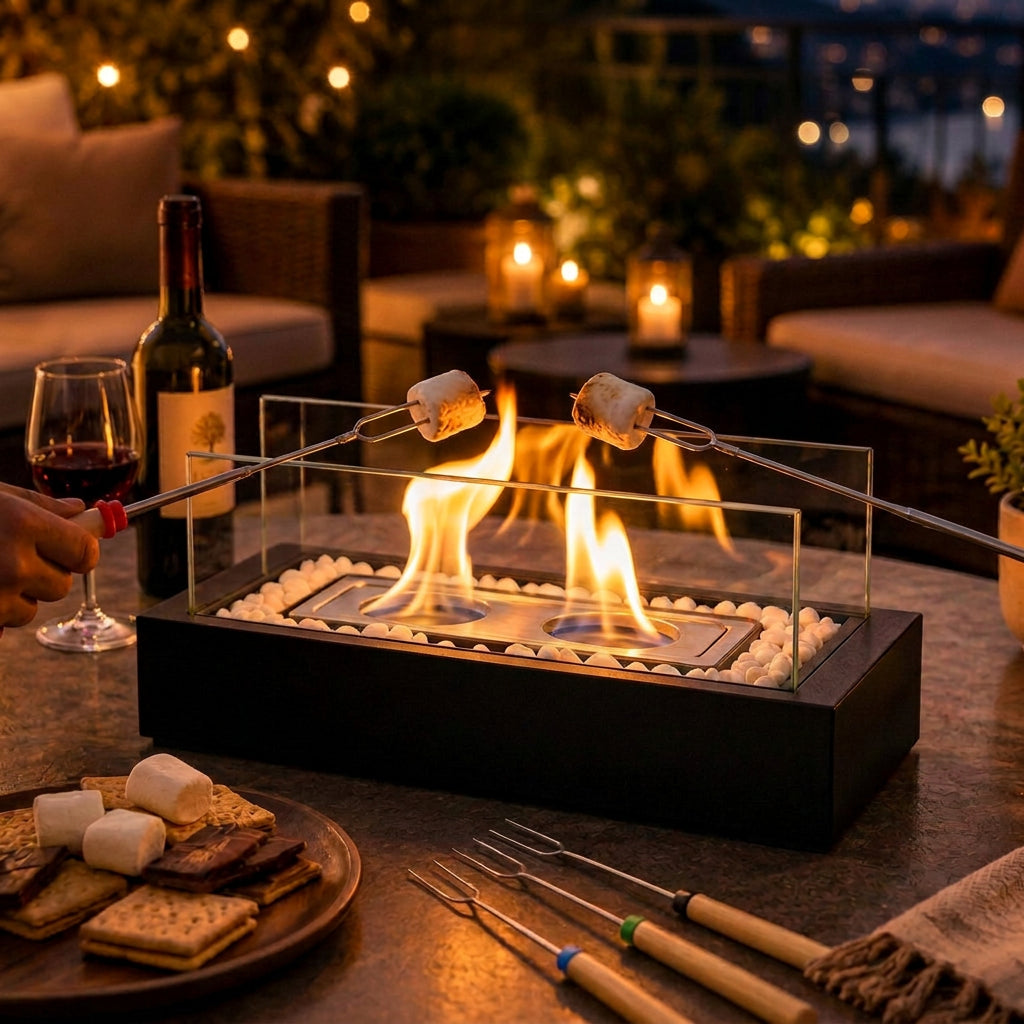A black rectangular tabletop fire pit with clear glass wind guard and flame display, set on a patio at night with marshmallows roasting over the flames. A wine bottle, wine glass, plate with crackers and marshmallows, and roasting tools are arranged around it, with blurred lounge chairs and string lights in the background.