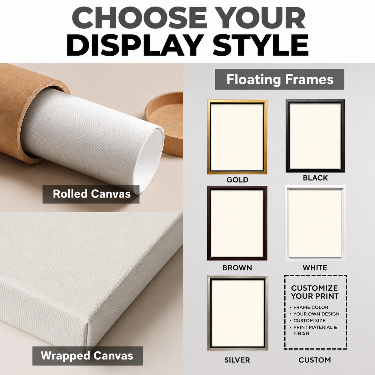 A product information graphic titled 'CHOOSE YOUR DISPLAY STYLE' showing options for displaying a canvas print. The left side shows a rolled canvas and a wrapped canvas, while the right side shows floating frame options labeled Gold, Black, Brown, White, Silver, and Custom.