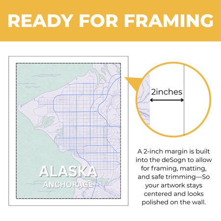 Personalized Anchorage map wall art showing two-inch built-in margin for framing and matting