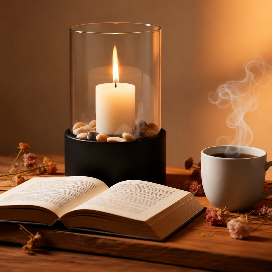 A lit white pillar candle in a clear cylindrical glass holder with a black base, styled on a wooden table beside an open book, dried flowers, and a steaming mug in warm ambient lighting.