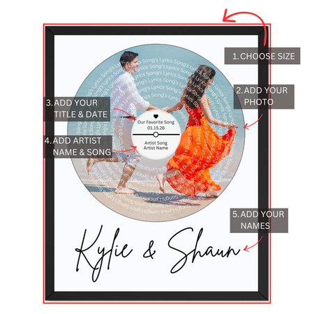Personalized photo lyrics poster guide showing size photo title date artist song and names customization