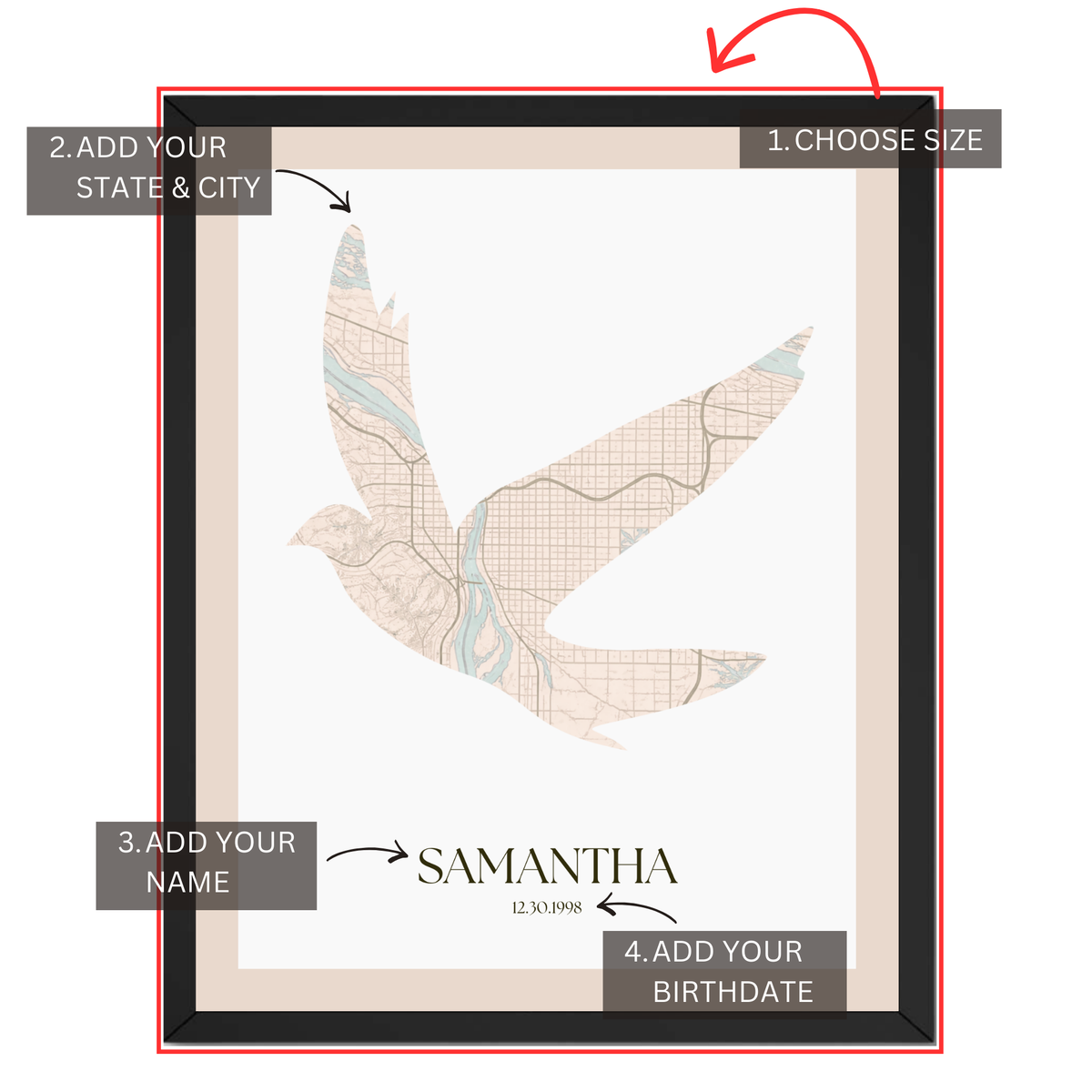 Dove map birth print personalization guide showing size state city name and birthdate