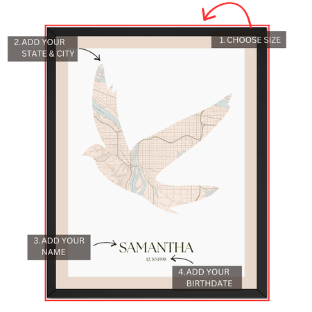 Dove map birth print personalization guide showing size state city name and birthdate