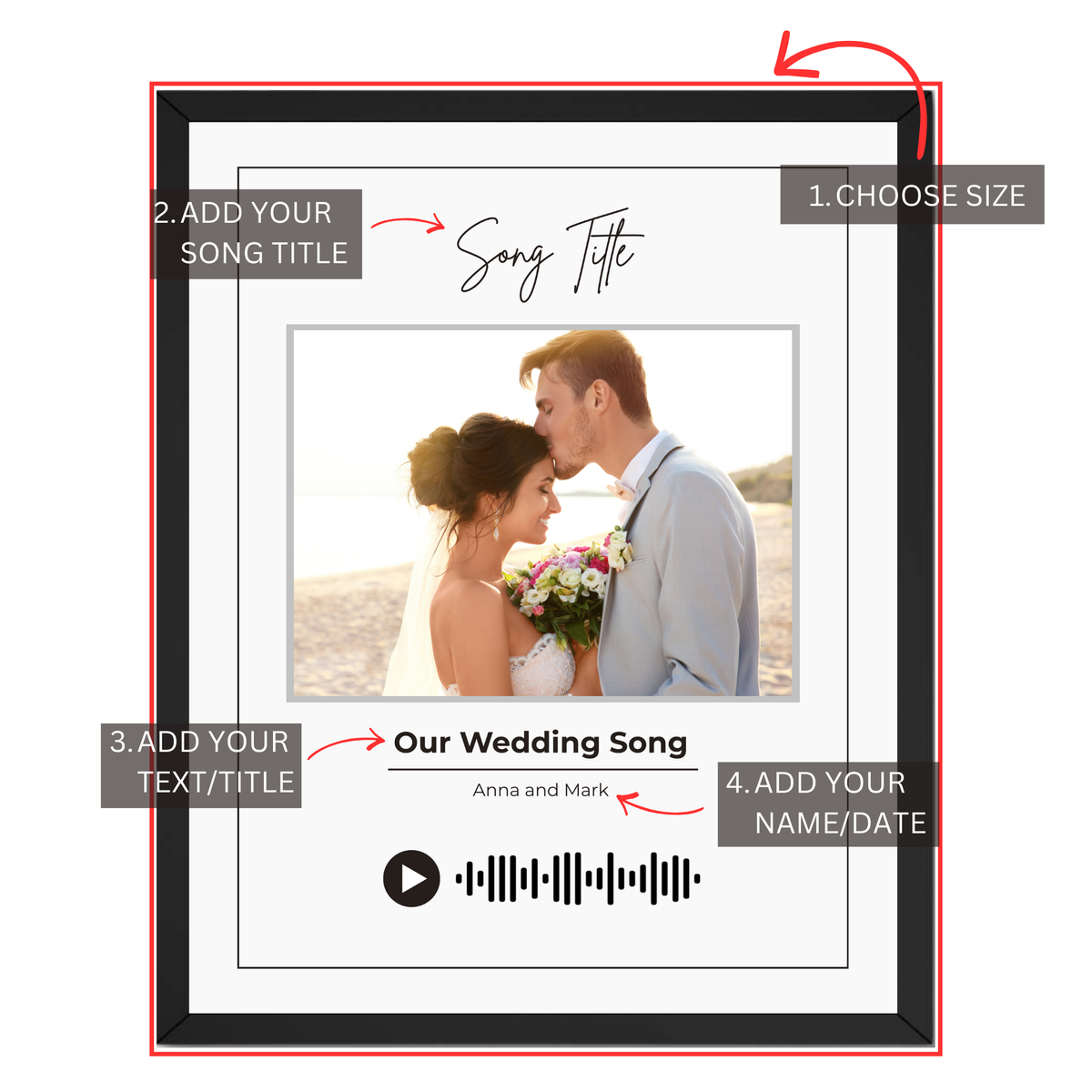 Personalized wedding song poster guide showing size song title photo custom text and names options