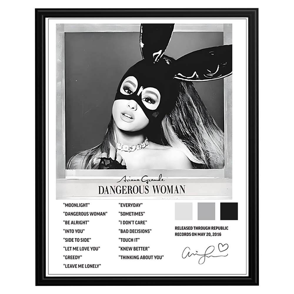 Dangerous Woman music portrait poster featuring black-and-white album-style artwork and track-list design