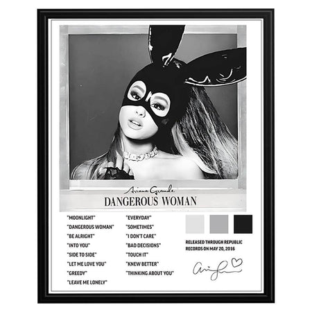 Dangerous Woman music portrait poster featuring black-and-white album-style artwork and track-list design