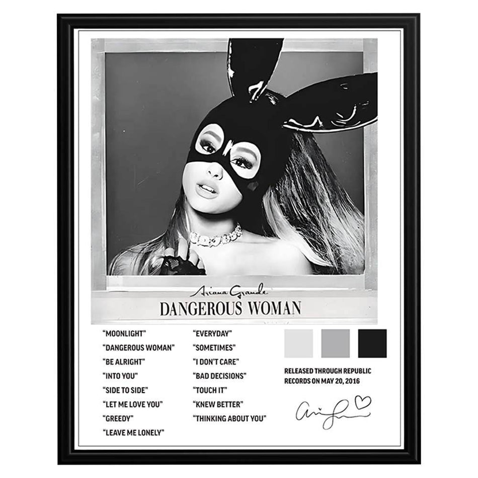 Dangerous Woman music portrait poster featuring black-and-white album-style artwork and track-list design