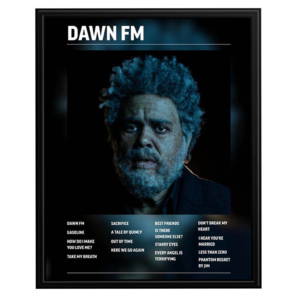 Dawn FM music poster featuring dark blue album-inspired portrait artwork and track-list design