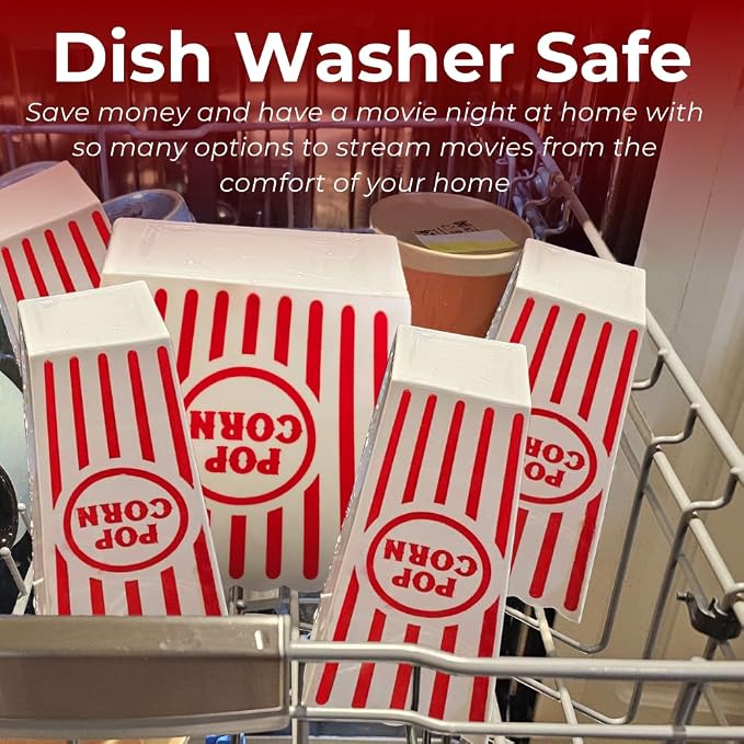 Reusable red and white popcorn bins shown dishwasher safe