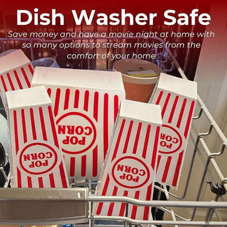 Reusable red and white popcorn bins shown dishwasher safe