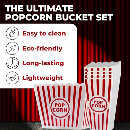 Reusable popcorn bucket set showing lightweight durable and easy-to-clean features