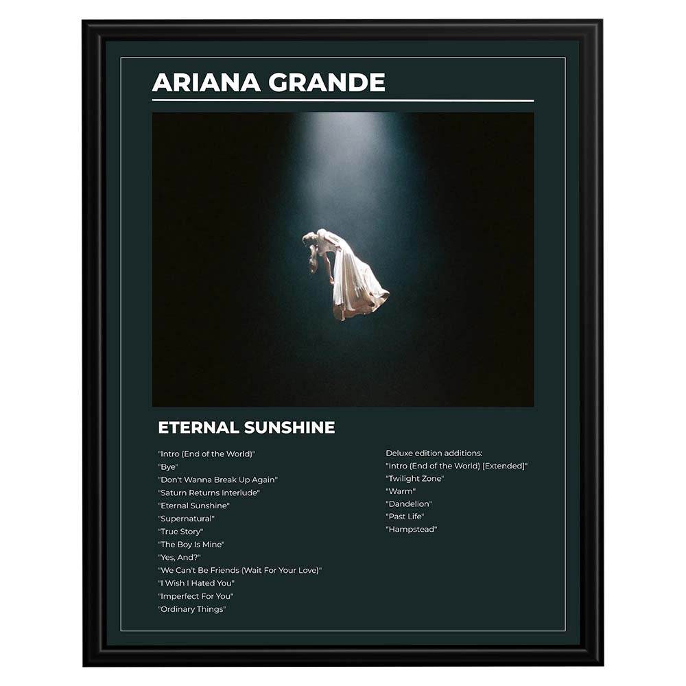 Eternal Sunshine music album poster featuring dark cinematic artwork, Ariana Grande title and track-list design