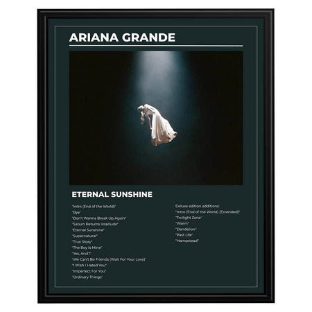 Eternal Sunshine music album poster featuring dark cinematic artwork, Ariana Grande title and track-list design