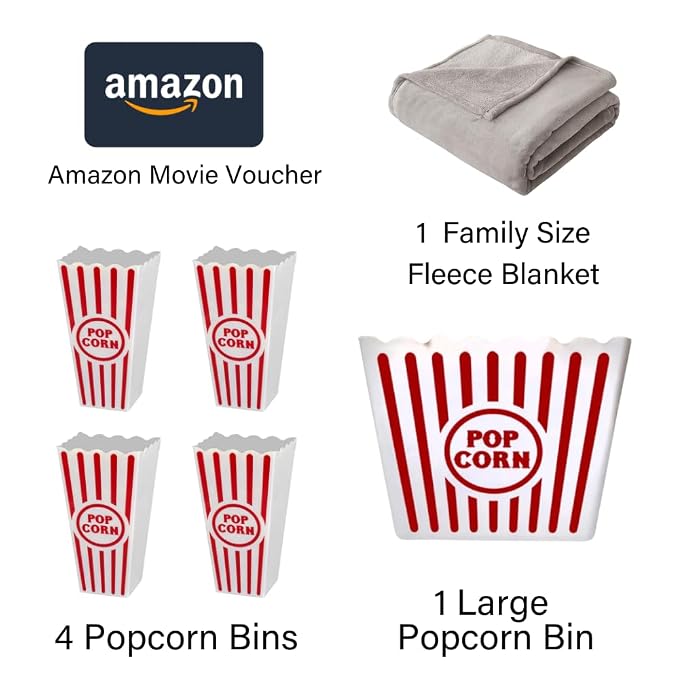 Family movie night gift set with Amazon movie voucher, fleece blanket, four small popcorn bins and one large popcorn bin