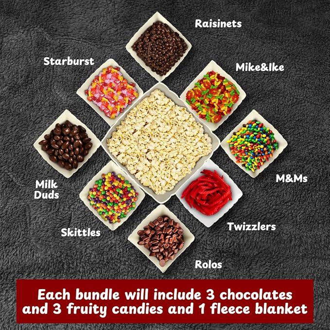 Movie night gift basket candy assortment with three chocolate candies and three fruity candies