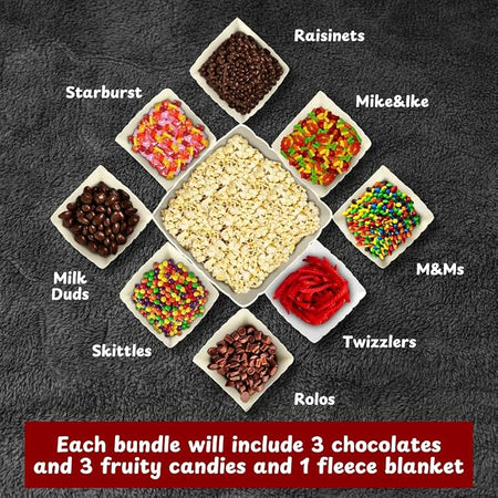 Movie night gift basket candy assortment with three chocolate candies and three fruity candies
