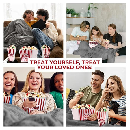 Families and couples enjoying reusable popcorn bins during movie night