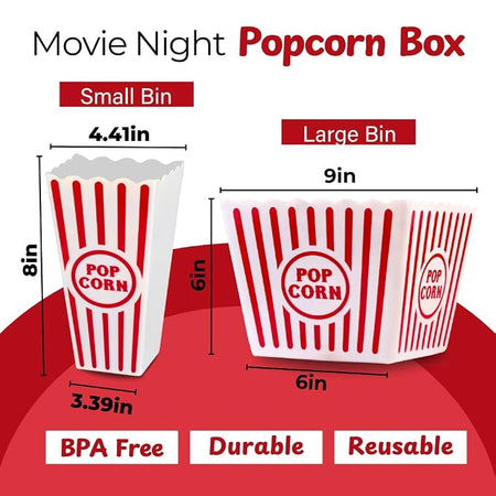 Small and large reusable movie night popcorn bins with dimensions