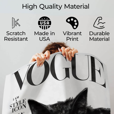 Fashion cat poster quality guide showing scratch-resistant material, Made in USA, vibrant print and durable construction