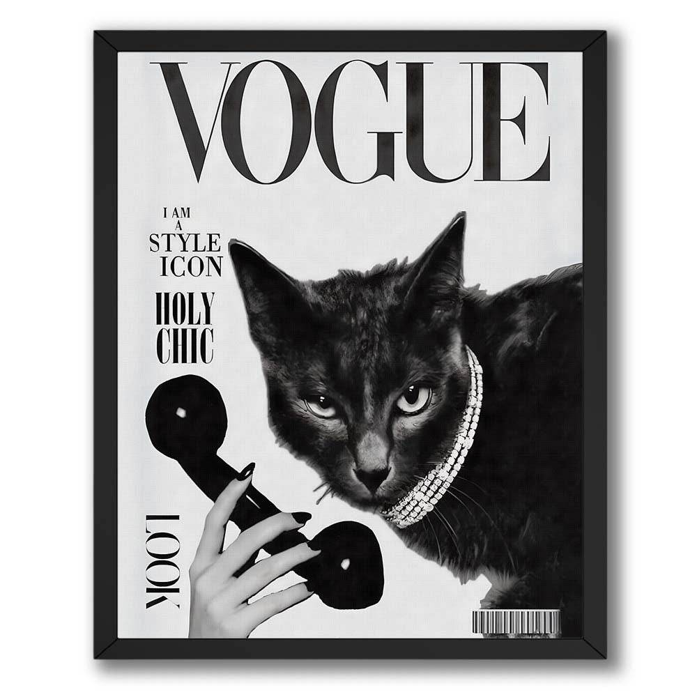 Fashion cat magazine poster featuring a stylish black cat in a black-and-white luxury magazine cover design