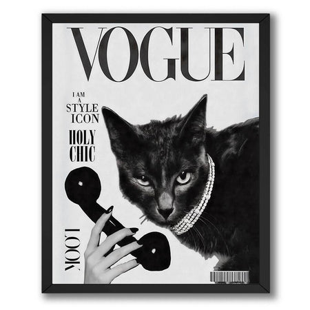Fashion cat magazine poster featuring a stylish black cat in a black-and-white luxury magazine cover design