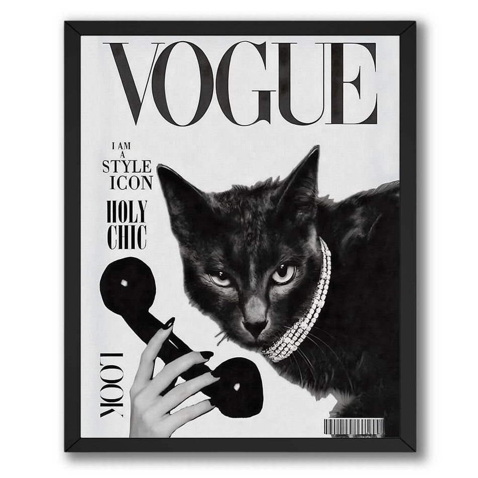 Fashion cat magazine poster featuring a stylish black cat in a black-and-white luxury magazine cover design