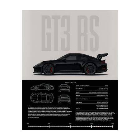 GT3 RS racing car wall art displayed in a black frame with automotive specification artwork