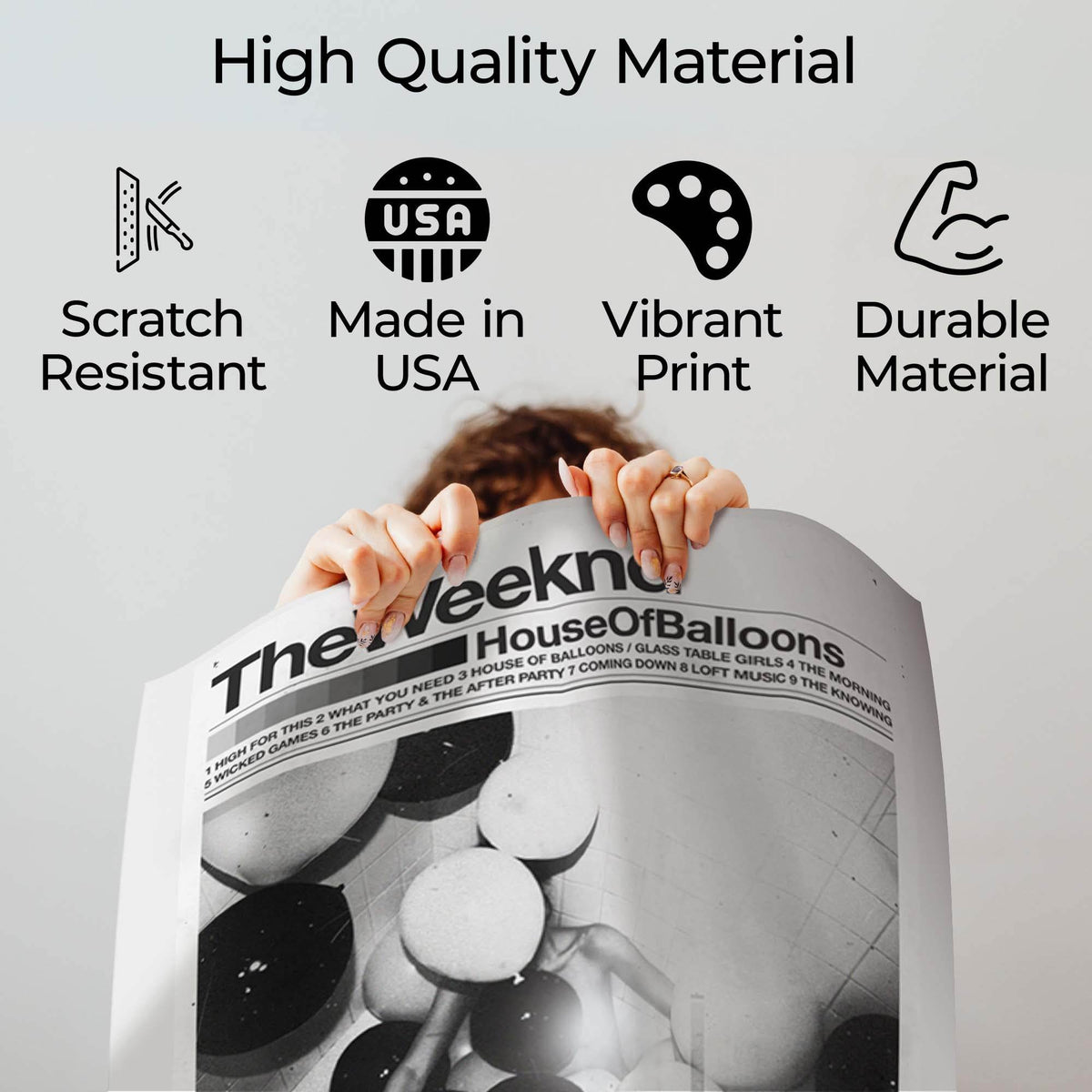 House of Balloons poster quality guide showing scratch-resistant material, Made in USA, vibrant print and durable construction