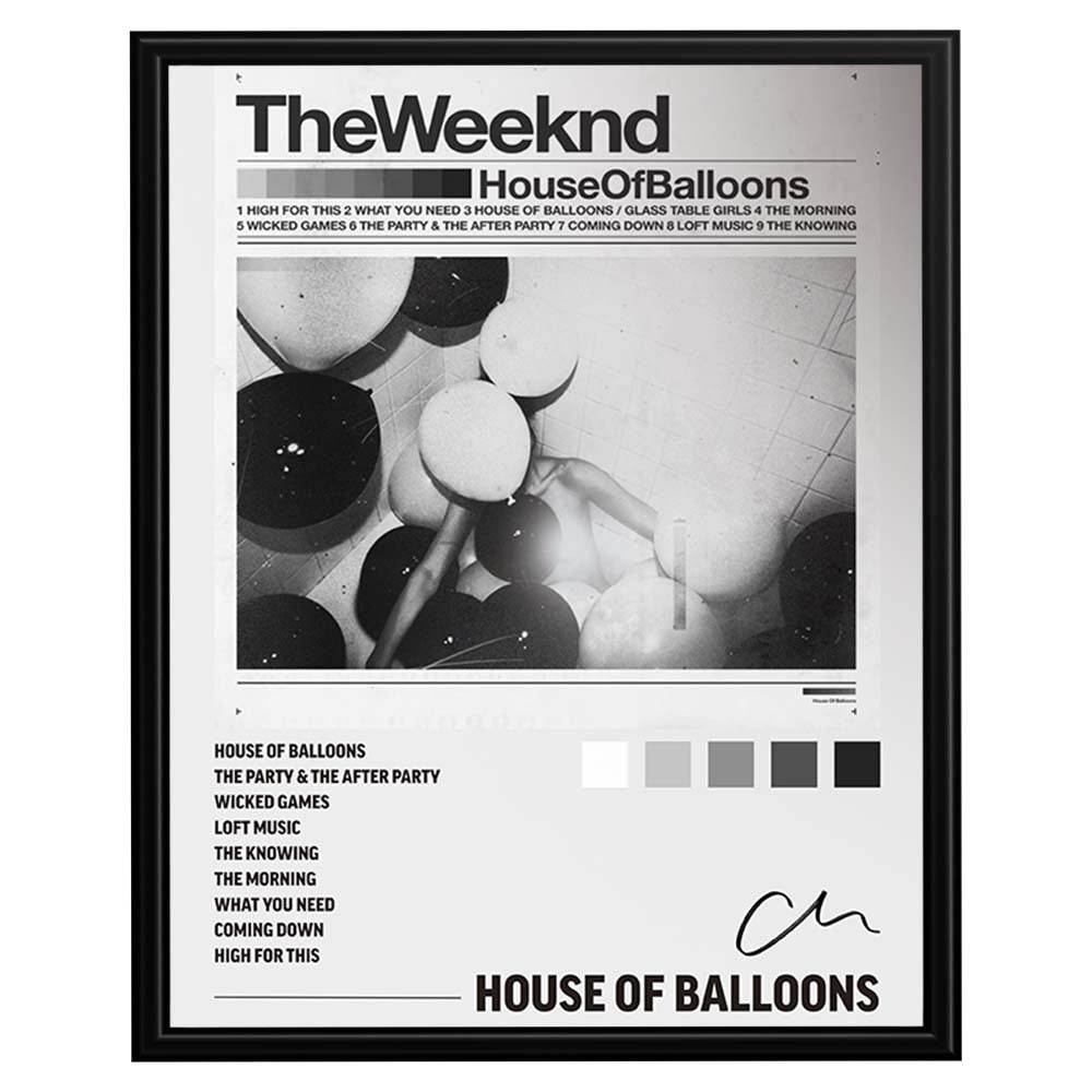 House of Balloons music poster featuring monochrome album-inspired artwork, balloon imagery and track-list typography