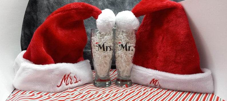 Santa Hat, Mr. And Mrs. Gift set, Glass and Santa hat set, Bride and Groom, couple, engagement, anniversary, holiday gift, embroidered hat - Infinity Beyond Crafts