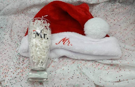 Santa Hat, Mr. And Mrs. Gift set, Glass and Santa hat set, Bride and Groom, couple, engagement, anniversary, holiday gift, embroidered hat - Infinity Beyond Crafts