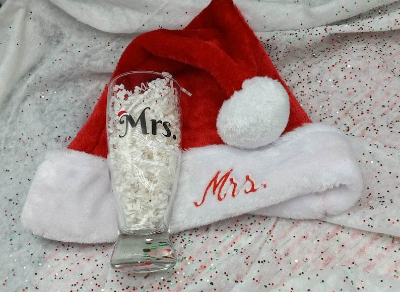 Santa Hat, Mr. And Mrs. Gift set, Glass and Santa hat set, Bride and Groom, couple, engagement, anniversary, holiday gift, embroidered hat - Infinity Beyond Crafts