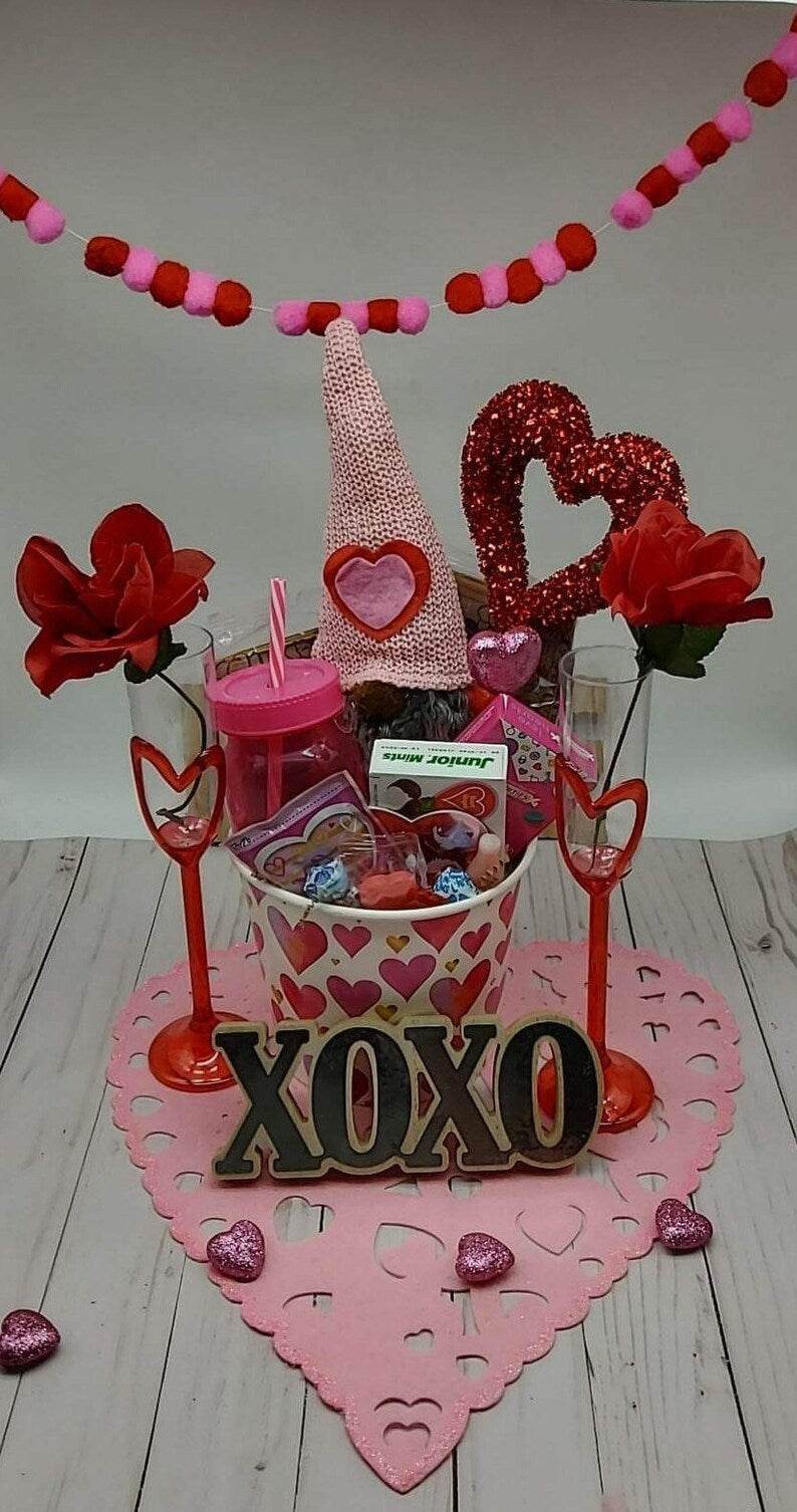 Personalized Valentines gift basket, candy filled, chocolate, gnome, gifts for him, gifts for her, teacher, coworker, boss, movie night - Infinity Beyond Crafts