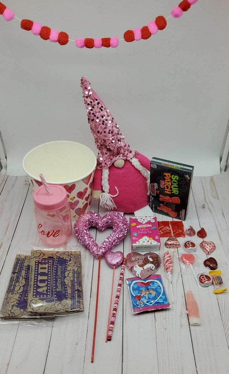 Personalized Valentines gift basket, candy filled, chocolate, gnome, gifts for him, gifts for her, teacher, coworker, boss, movie night - Infinity Beyond Crafts