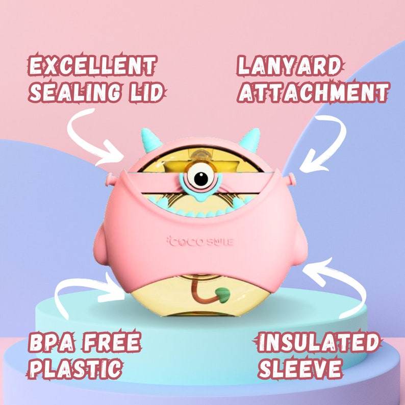 Coco Monster Round Cup Children's Water Bottle – Personalizable and Customizable, Includes Lanyard, Canteen Design for School & Daily Use - Infinity Beyond Crafts