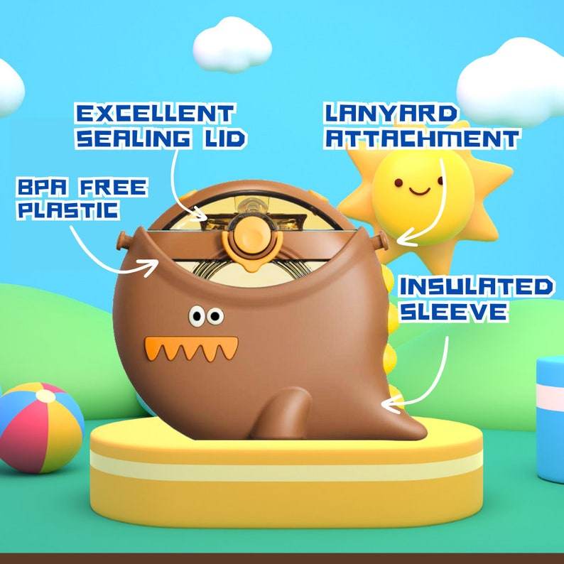 Dinosaur Straw Round Cup Children's Water Bottle – Personalizable and Customizable, Includes Lanyard, Canteen Design for School & Daily Use - Infinity Beyond Crafts