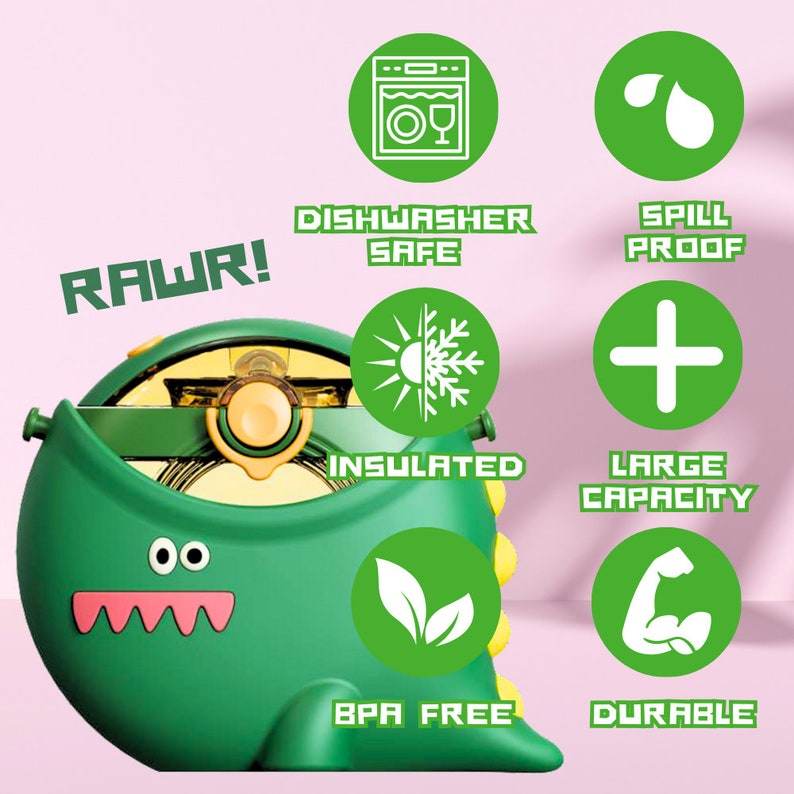 Dinosaur Straw Round Cup Children's Water Bottle – Personalizable and Customizable, Includes Lanyard, Canteen Design for School & Daily Use - Infinity Beyond Crafts