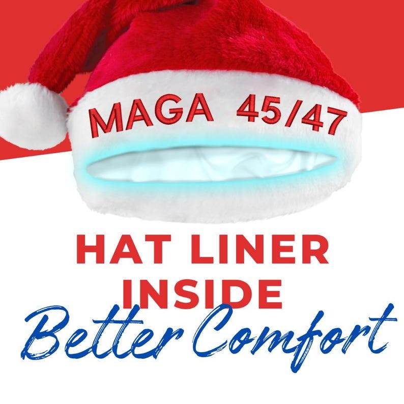Cocosmile Trump Santa Hat MAGA 45/47 - Embroidered Designs of Current President- Perfect for Holiday Parties, and Events - Infinity Beyond Crafts
