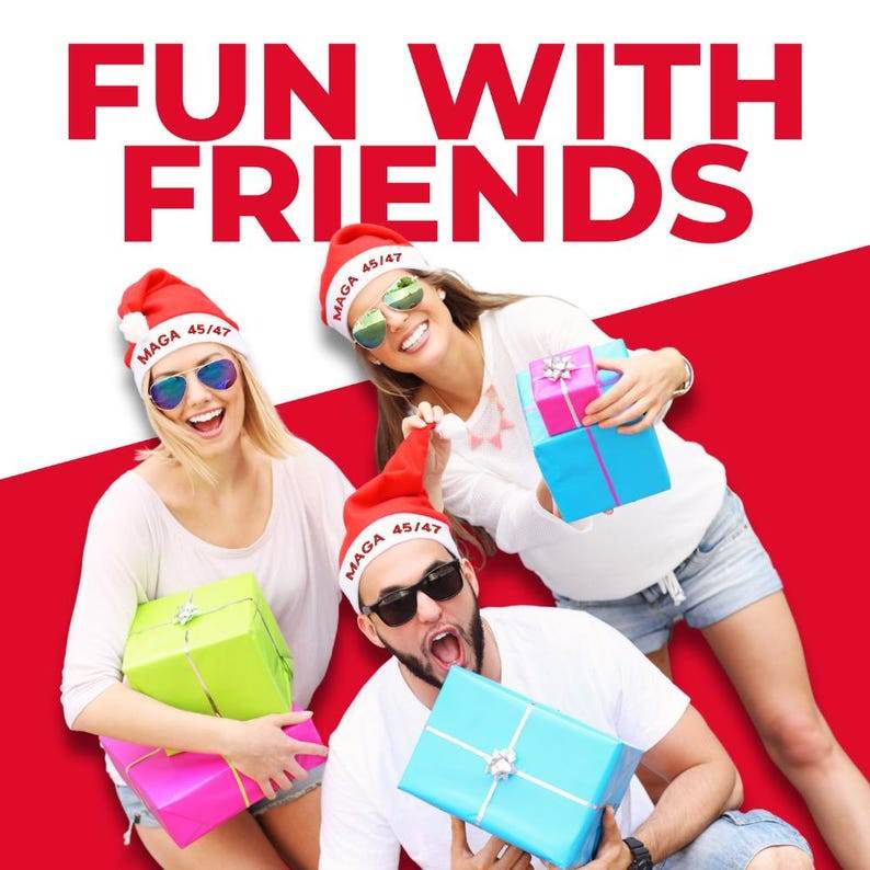 Cocosmile Trump Santa Hat MAGA 45/47 - Embroidered Designs of Current President- Perfect for Holiday Parties, and Events - Infinity Beyond Crafts