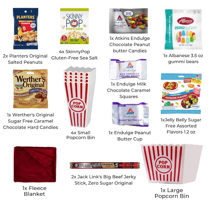 Keto Cravings family movie night gift basket contents with snacks blanket and popcorn bins