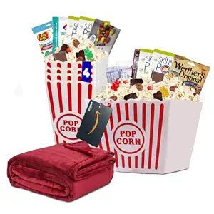 21-piece family movie night gift basket with fleece blanket reusable popcorn bins snacks and movie gift card