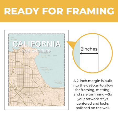 Los Angeles California map print showing two-inch built-in margin for framing and matting