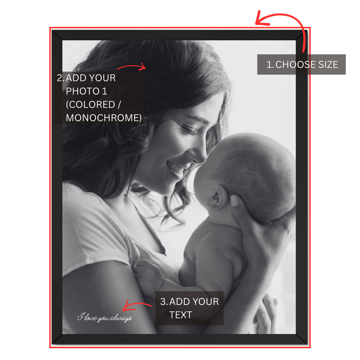 Personalized mother and baby poster guide showing size photo color or monochrome choice and custom text
