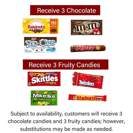 Chocolate and fruity candy selection for movie night gift basket including M&M's, Raisinets, Skittles and Starburst