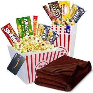 Movie night popcorn and candy gift basket with fleece blanket, reusable popcorn bins and Amazon movie rental gift card
