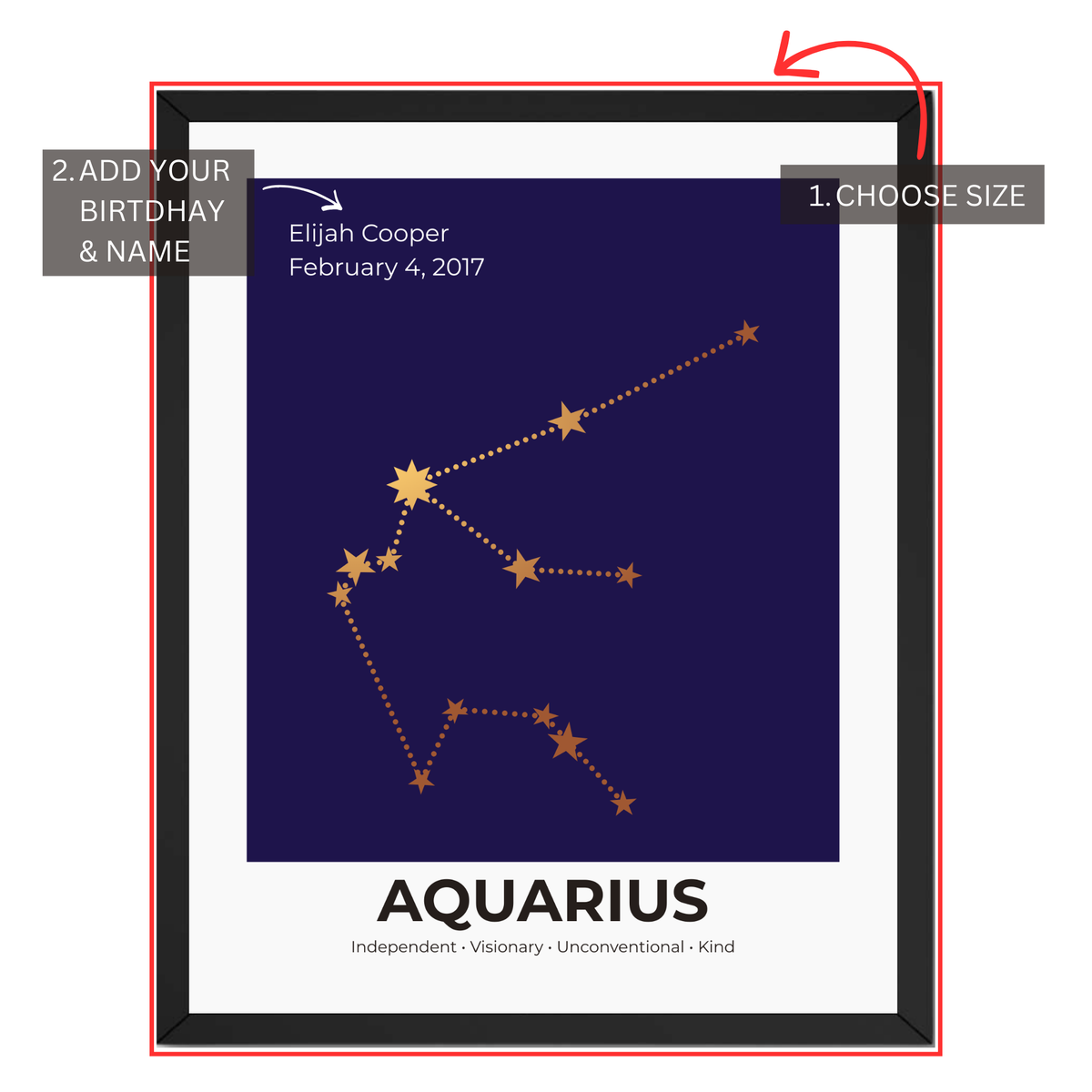 Aquarius constellation print personalization guide showing custom name and birth date