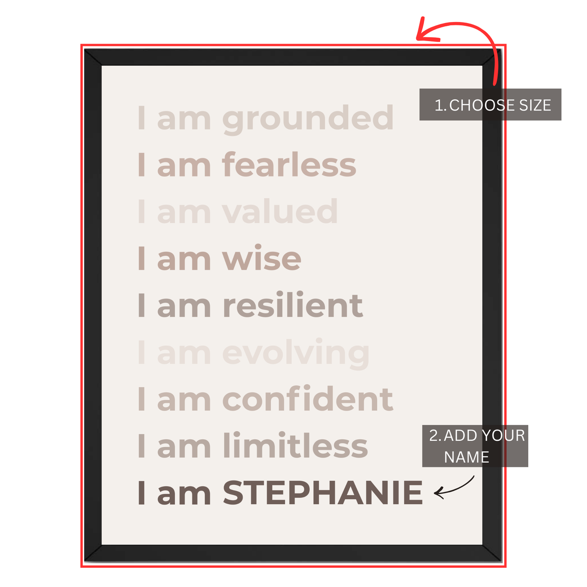 Personalized affirmation print customization guide showing how to choose a size and add your custom name