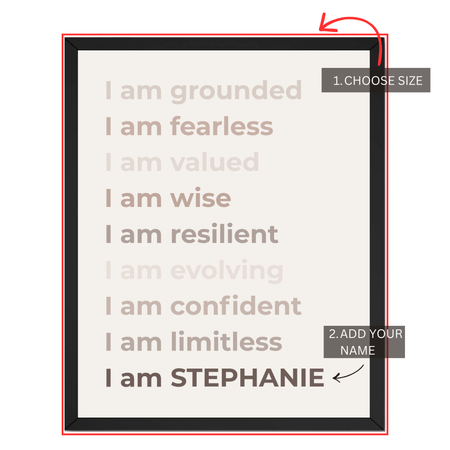 Personalized affirmation print customization guide showing how to choose a size and add your custom name