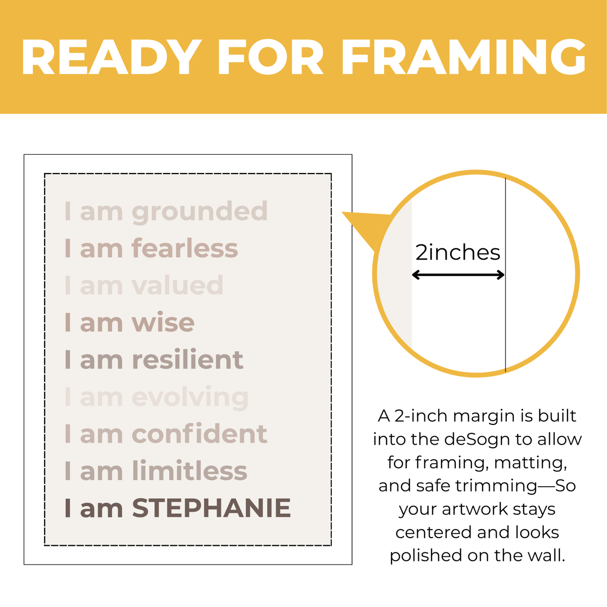 Personalized affirmation wall art showing approximately 2-inch built-in margin for framing matting and safe trimming