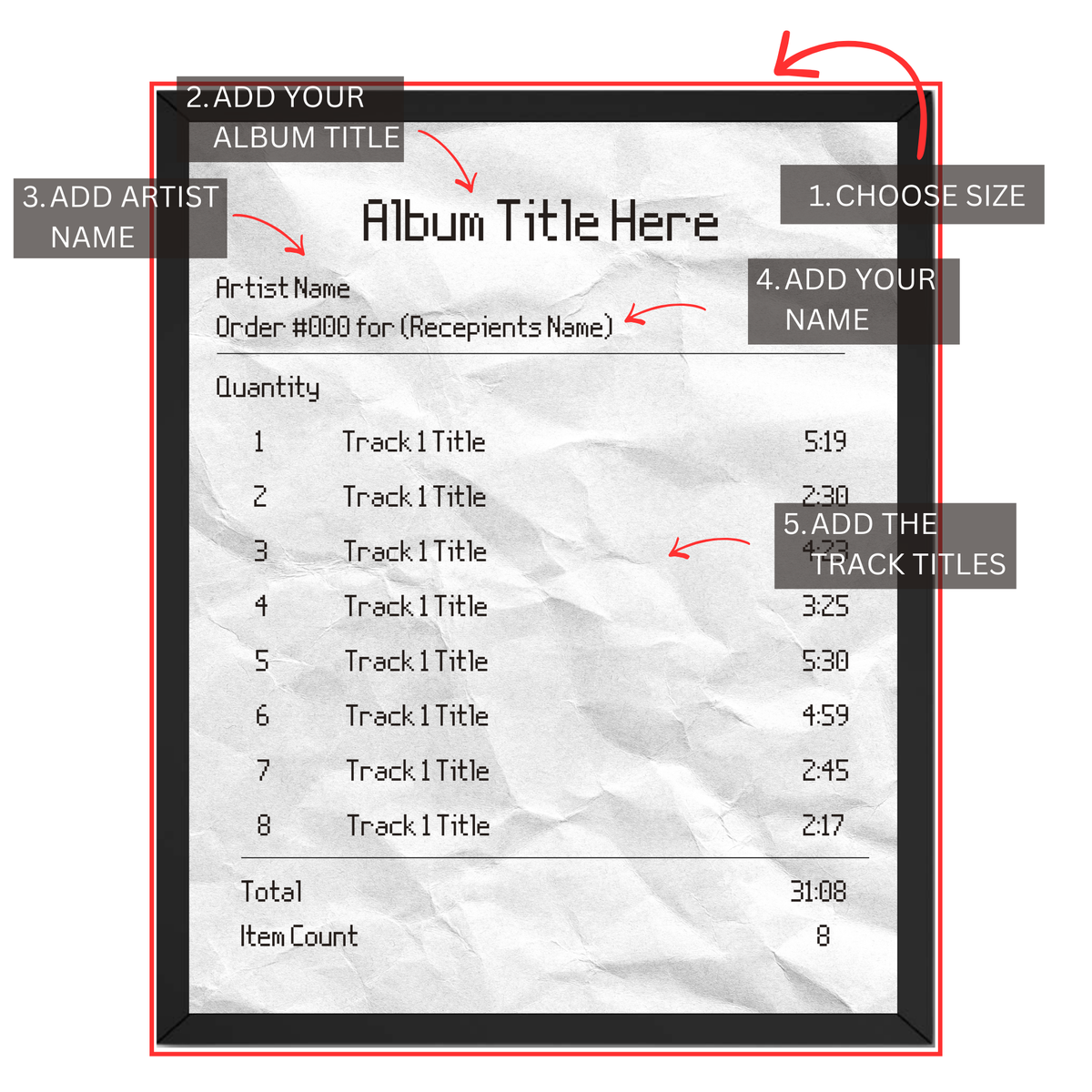 Personalized album tracklist print guide showing where to add album title, artist name, recipient name and track titles